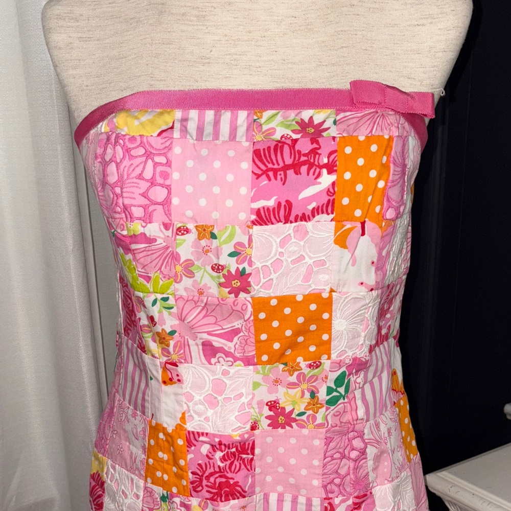 Vintage Lilly Pulitzer Pink Patchwork Strapless D… - image 2